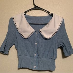 DAZY Blue Crop Blouse W Frill White Collar
